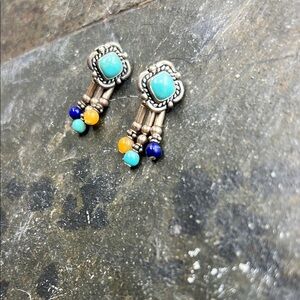 VTG 925 Silver Navajo Turquoise and Multicolor Dangle Earrings